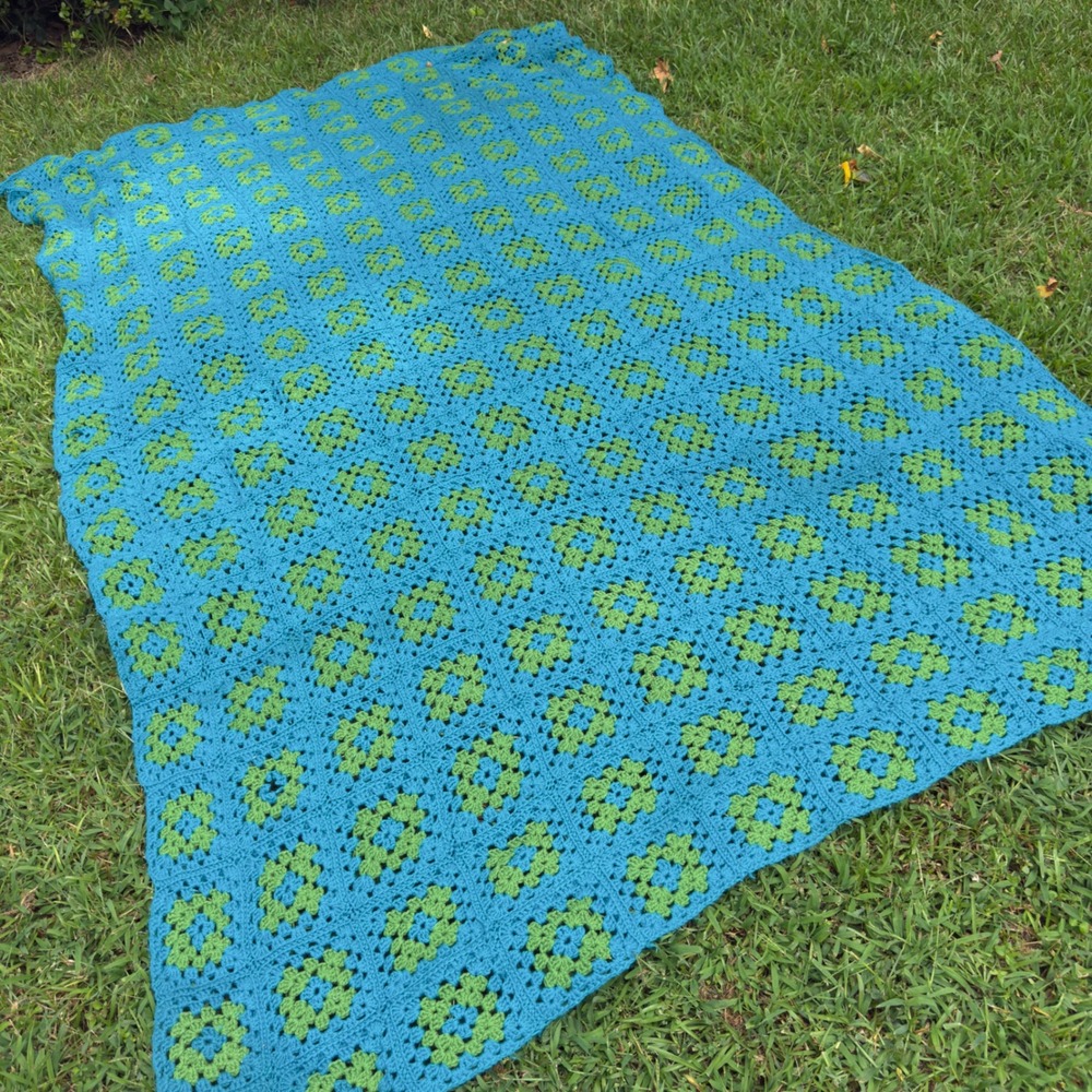 Vintage Handmade Crochet Granny Square Blanket Teal Blue Lime Green Throw 108x68